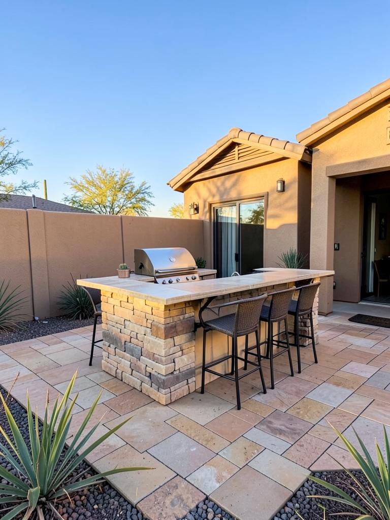 Outdoor kitchen with stacked-stone grill island and bar seating