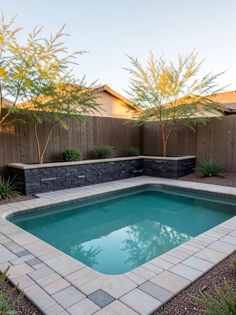 Backyard pool with paver decking and stacked-stone planter wall
