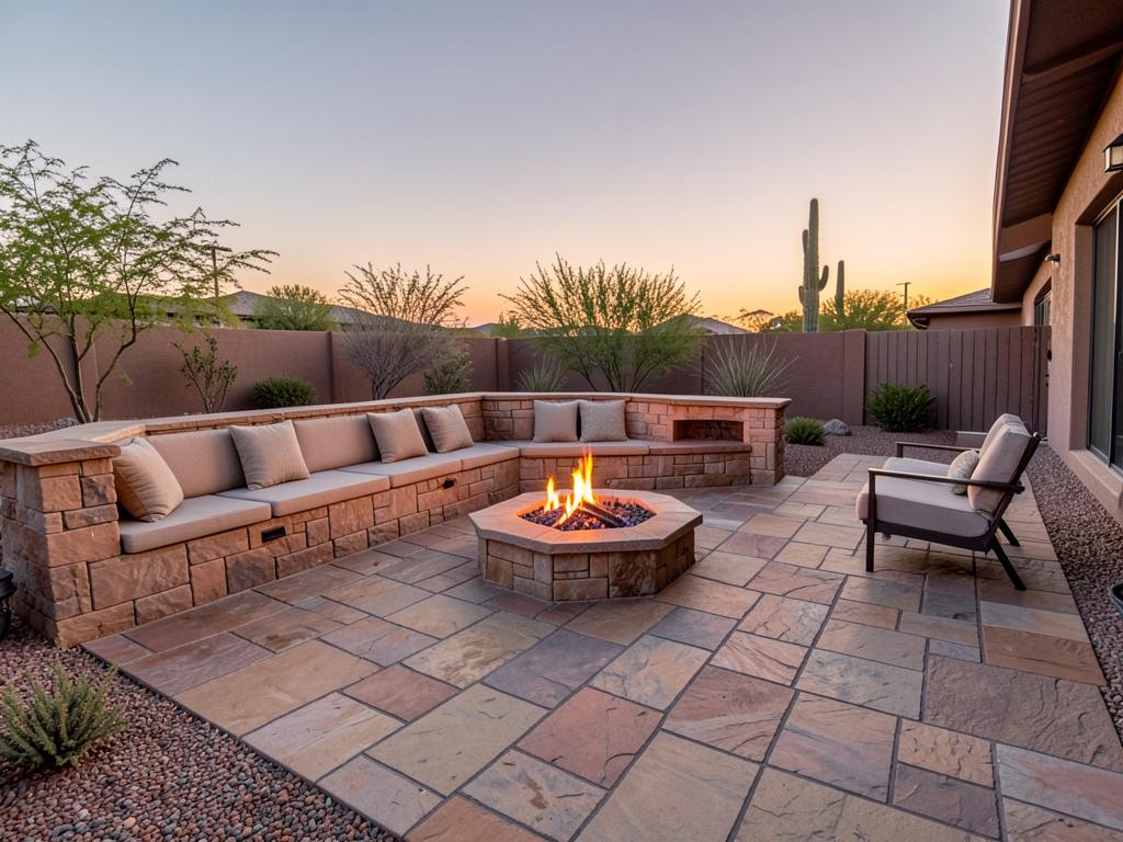 Flagstone patio with built-in seating wall and fire pit at sunset